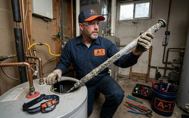 Anode rod being inspected for corrosion during maintenance