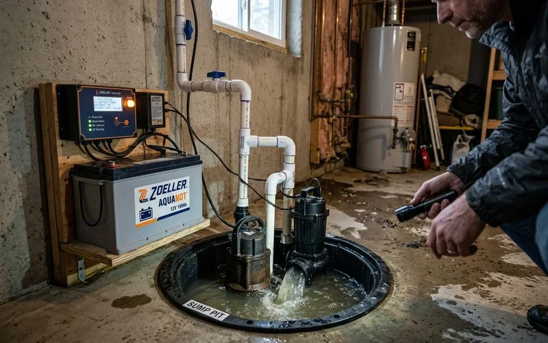 Battery backup sump pump system protecting during power outage