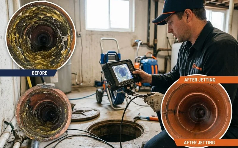 Before and after camera footage of a sewer line after jetting