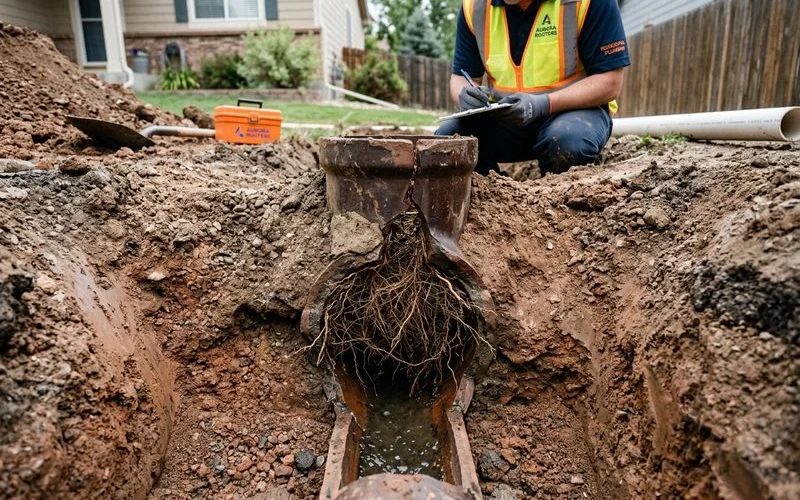 Cross-section showing how roots enter a clay sewer joint