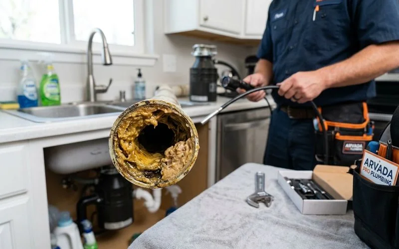 Drain line with grease buildup coating the walls