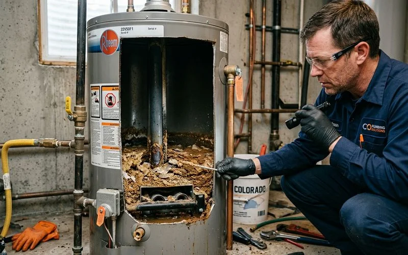 Cross-section of a water heater showing sediment at the bottom of the tank