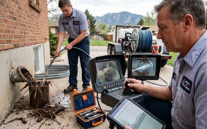 Hydro jetting combined with camera inspection to clear roots