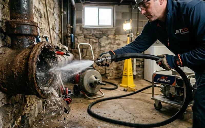 Hydro jetting scouring pipe walls clean