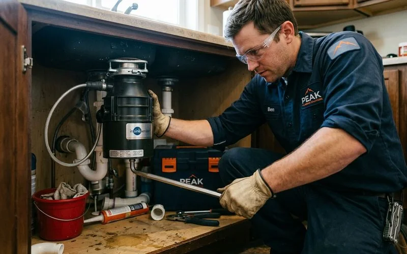 Jammed garbage disposal being freed with an offset wrench