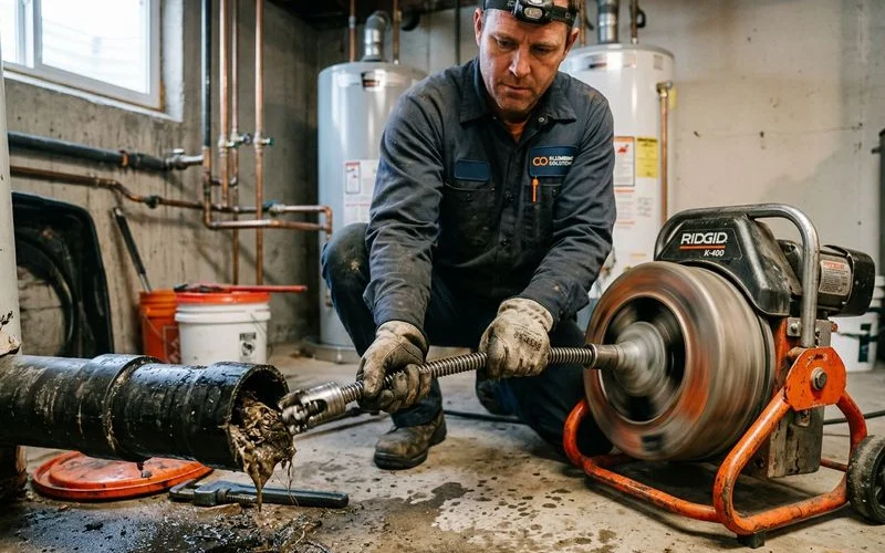 Mechanical drain snake cutting through a clog