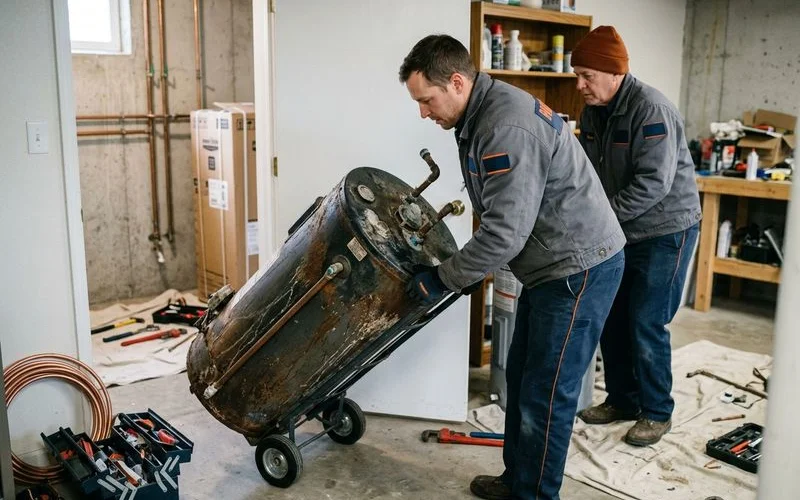 Old water heater being removed as part of the replacement service
