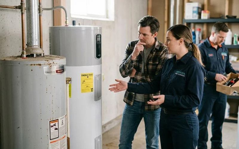 Old water heater alongside a new efficient model