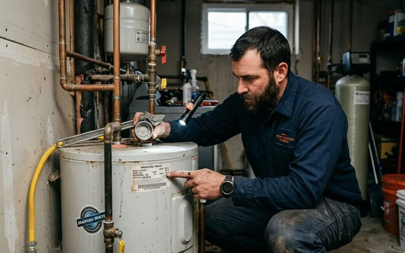Plumber inspecting water heater age and anode rod