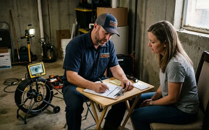 Plumber writing a free estimate after camera inspection