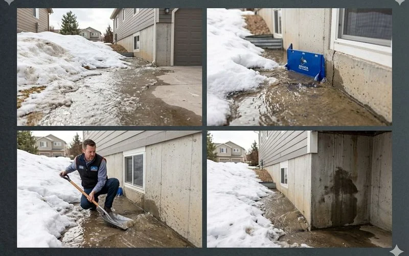 Spring snowmelt running toward an Arvada home foundation