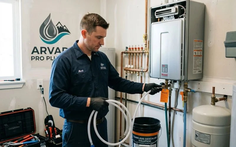 Tankless water heater being descaled as annual maintenance