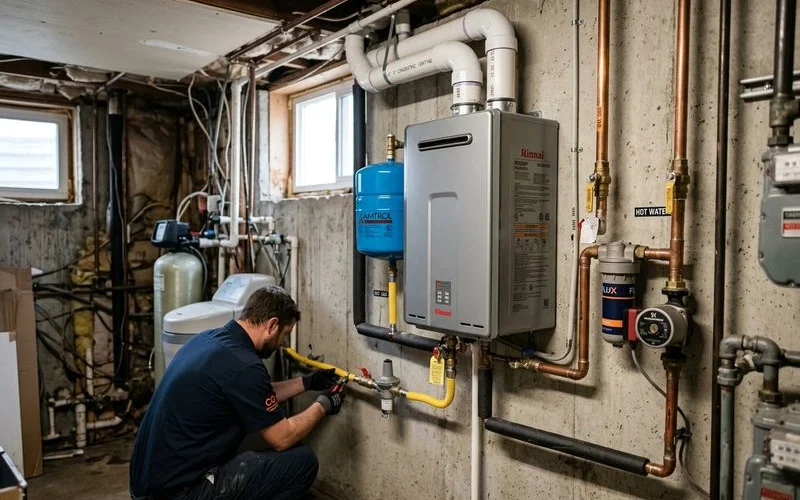 Wall-mounted tankless water heater in compact utility space