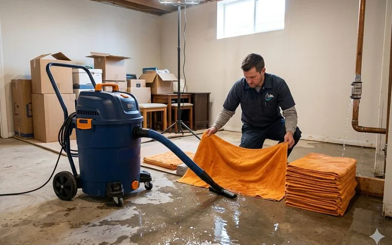 Containing burst pipe water with a wet vacuum and towels