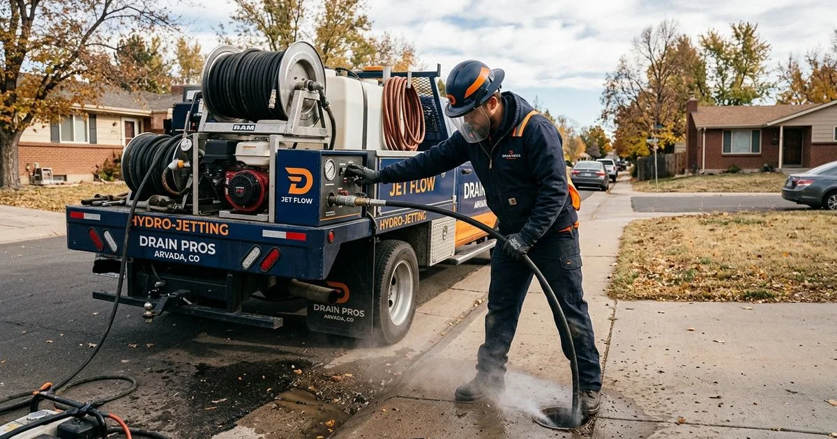 Hydro jetting truck with technician operating the high-pressure system