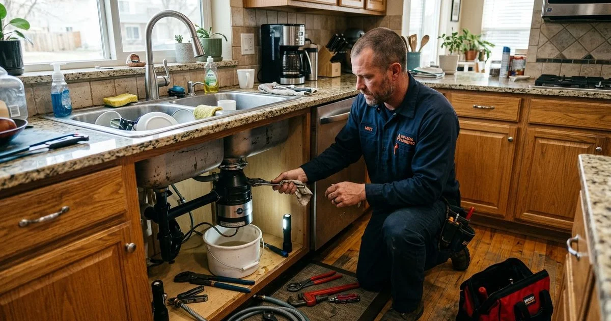 Plumber repairing kitchen faucet and disposal