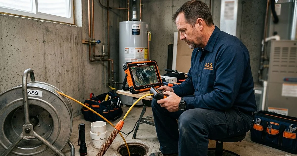 Plumber monitoring the live feed from a sewer camera inspection