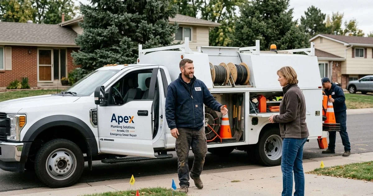 Sewer line repair crew arriving with equipment to walk through the process