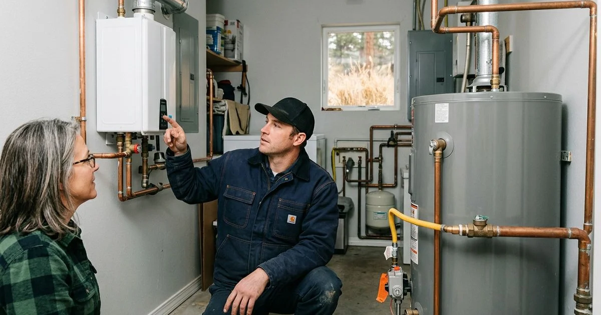 Tankless and tank water heaters side by side
