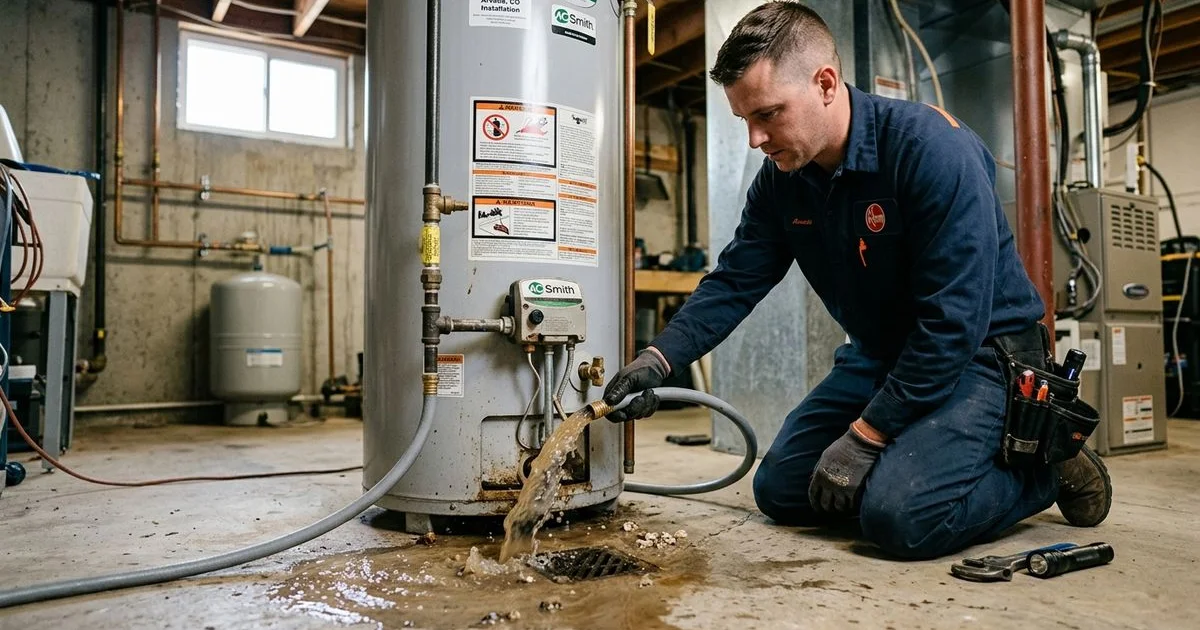 Water heater being flushed to remove hard water sediment