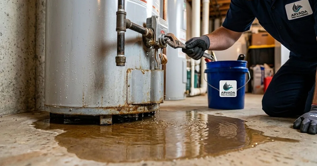 Water heater leak with water pooling at the base of the tank