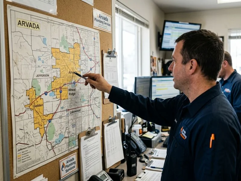 Arvada Pro Plumbing service area map covering Arvada and surrounding Jefferson County communities
