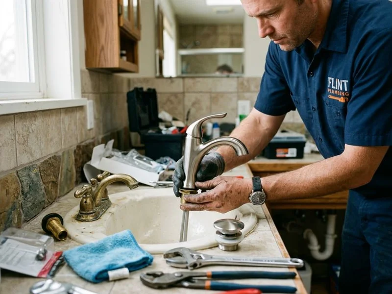 Bathroom sink faucet being swapped for a modern single-handle model