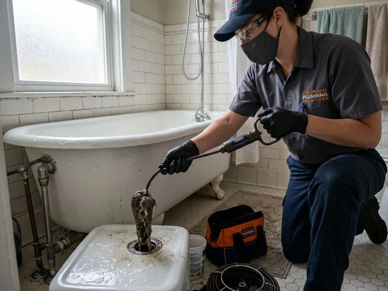 Bathroom tub drain blockage being removed by a technician