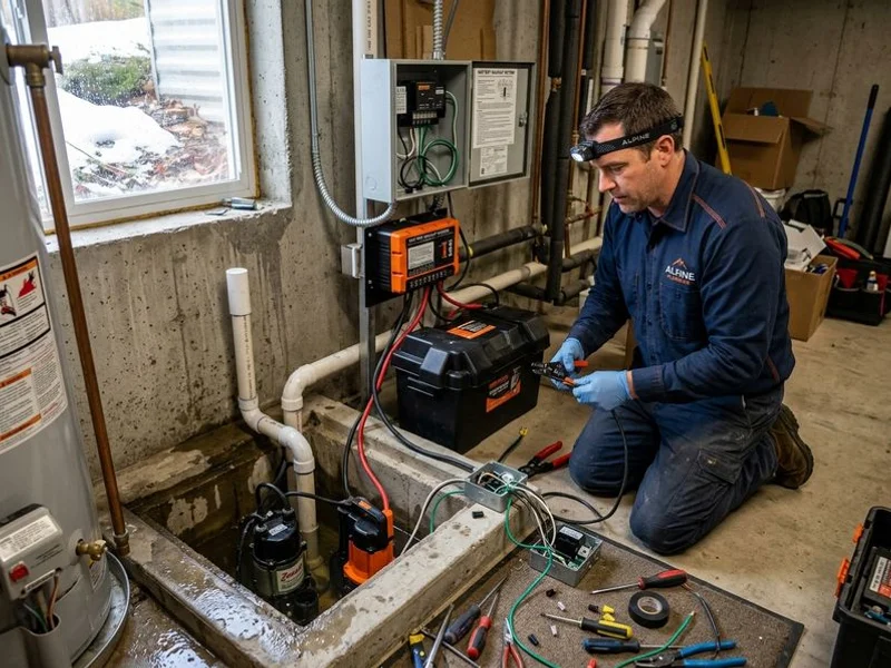 Battery backup sump pump wired for power outage protection