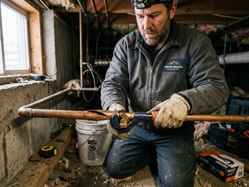 Burst copper pipe with visible split from a winter freeze