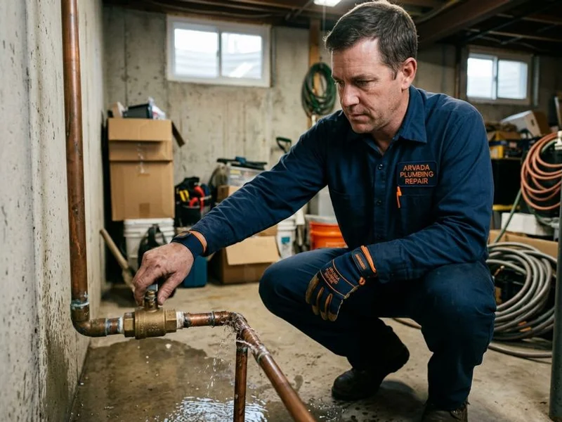 Technician stopping water flow after a burst pipe in a basement