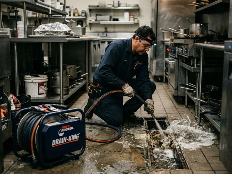 Commercial kitchen drain being jetted after hours