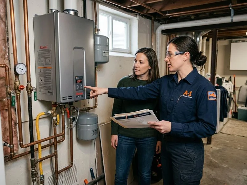 Plumber explaining the new water heater features to the homeowner