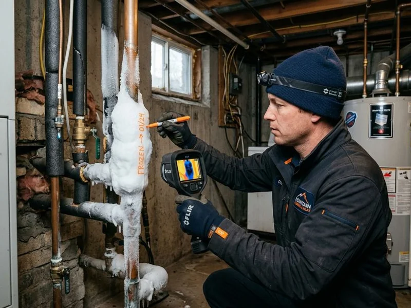 Frozen exposed pipe with ice buildup being identified