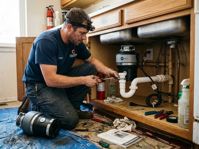 Garbage disposal being replaced under a kitchen sink