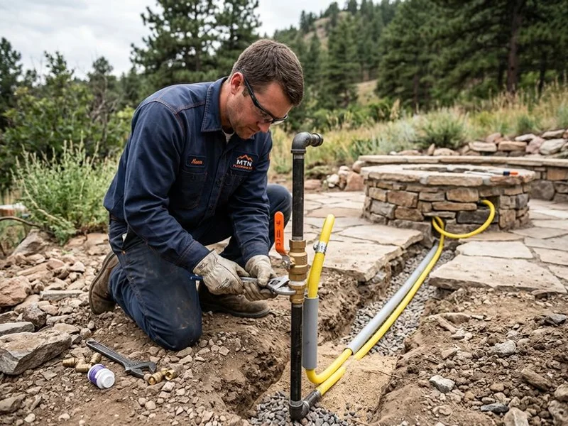 Gas line for an outdoor fire pit with code-compliant shutoff