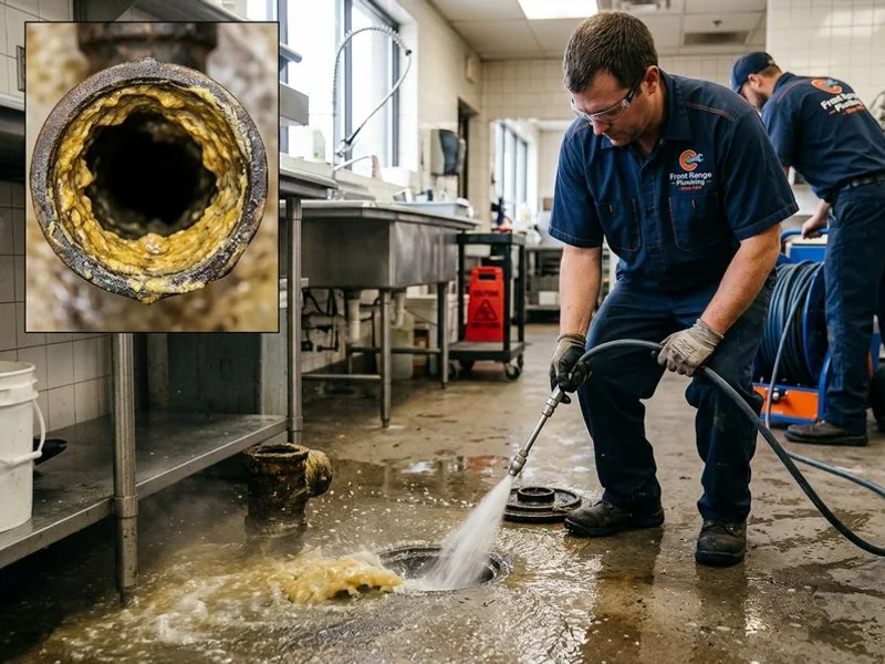 Grease buildup blasted out of a commercial kitchen line
