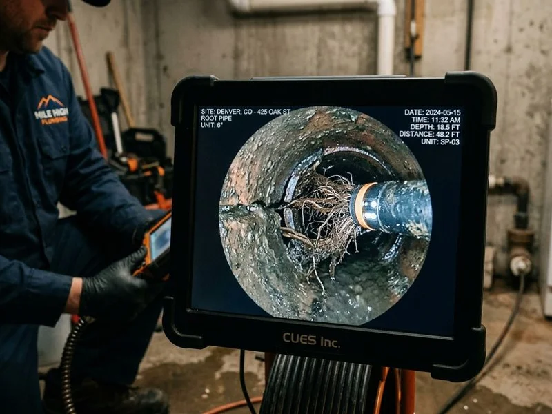 Sewer camera feed showing joint separation and root entry