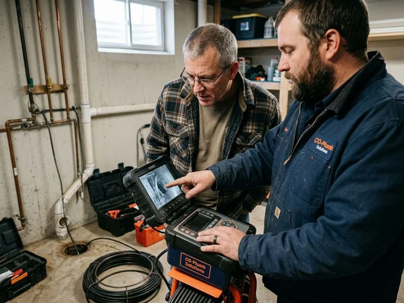Homeowner watching the camera monitor as the plumber explains the line condition