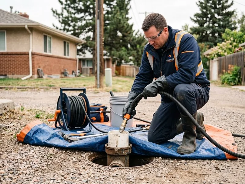 Hydro jet nozzle being fed into a main sewer cleanout