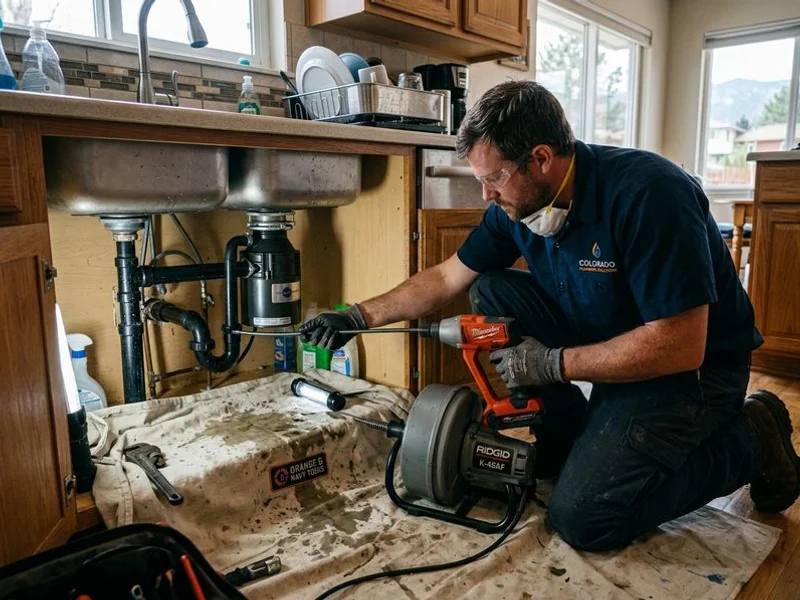Kitchen sink drain being cleared with a powered snake