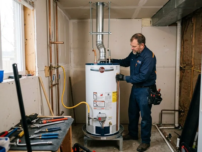 New gas water heater being set with proper venting