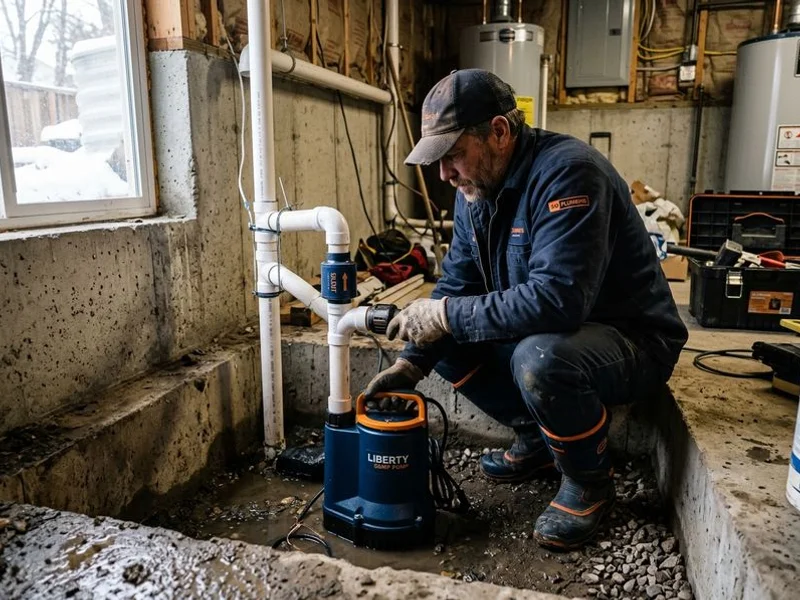 New primary sump pump being set in the pit