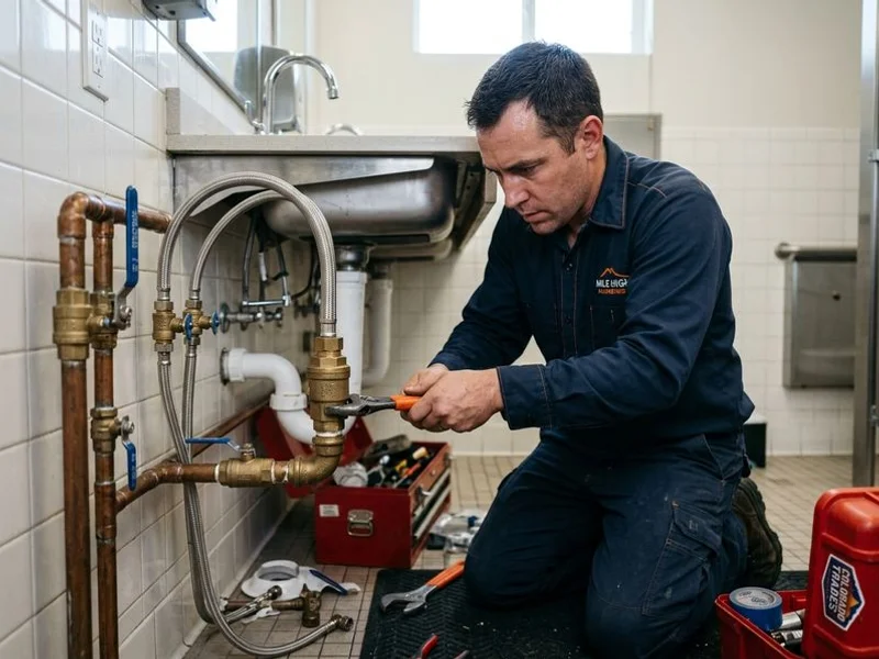 Office restroom plumbing being repaired with commercial-grade parts