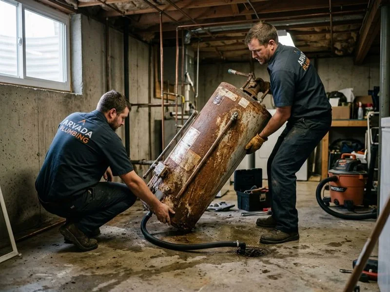 Old water heater being drained and removed