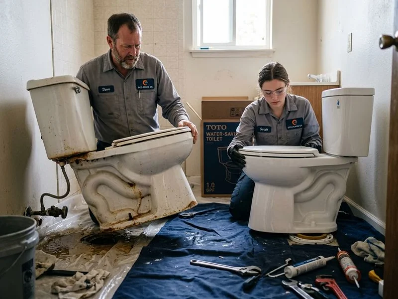 Old toilet being removed and replaced with a water-saving model