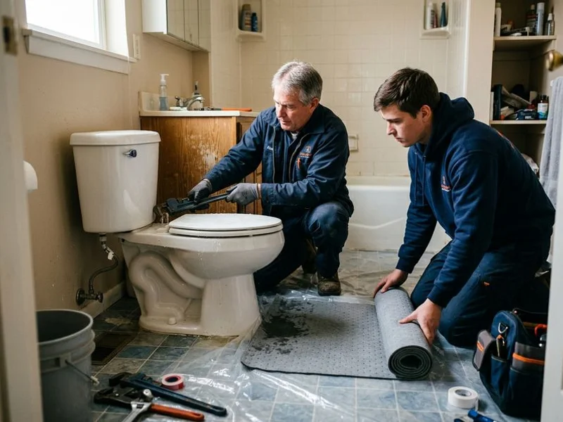 Plumber stabilizing an overflowing toilet emergency