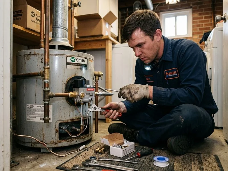 Pilot light and gas valve being repaired on a gas water heater