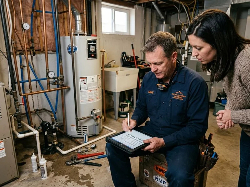 Plumber writing an upfront after-hours quote for the homeowner