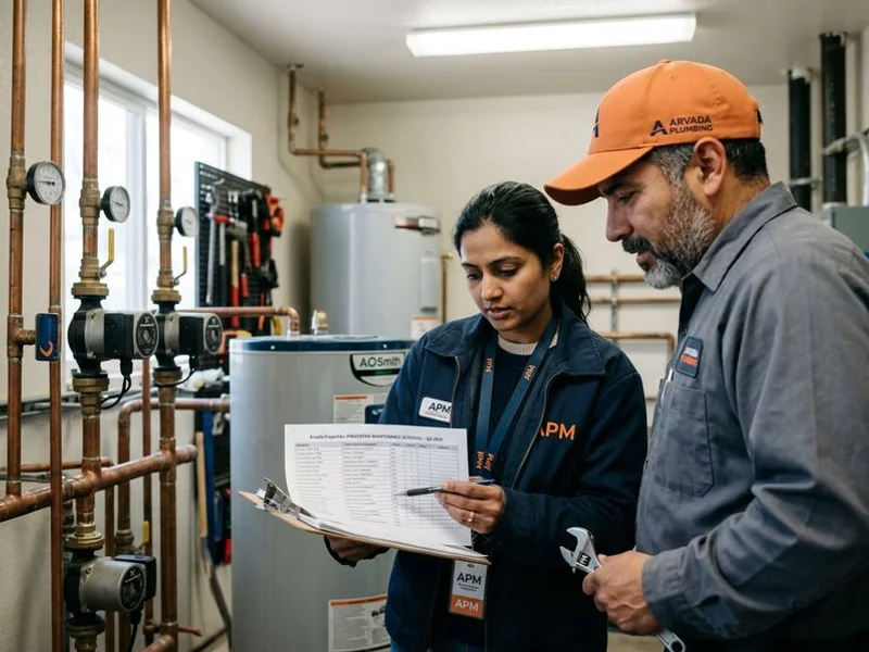 Property manager reviewing a preventive maintenance schedule with a plumber